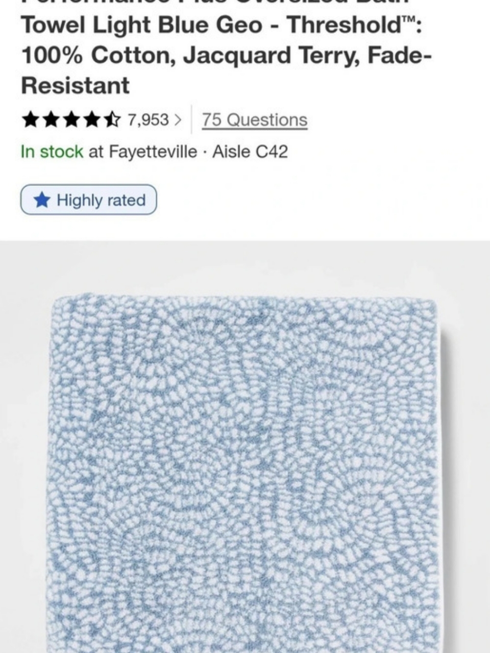 Threshold Performance Plus Oversized Bath Towels Light Blue Geo Blue Cotton.